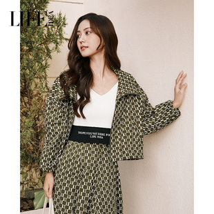 莱芙艾迪儿秋冬经典 印花外套女休闲百搭慵懒风立领外套 撞色数码