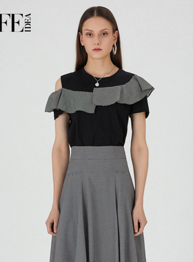 莱芙艾迪儿不对称荷叶边露肩上衣女夏独特超好看t恤1E2S23110
