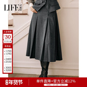 莱芙艾迪儿高级感通勤气质优雅半身裙女秋冬时尚 精致高腰百褶长裙