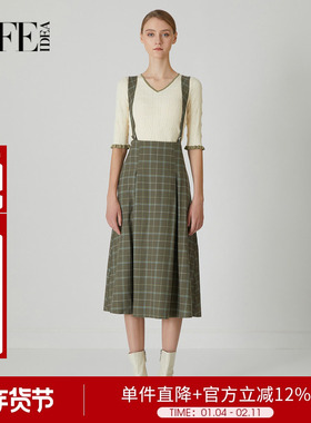 莱芙艾迪儿冬季高腰半身裙复古英伦格纹吊带半裙1E1Q84029