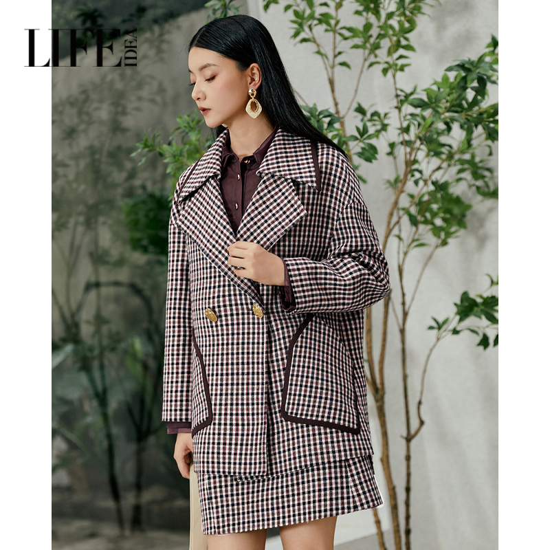 【商场同款】莱芙艾迪儿绵羊毛大衣女冬季新款格纹外套1E4D14230