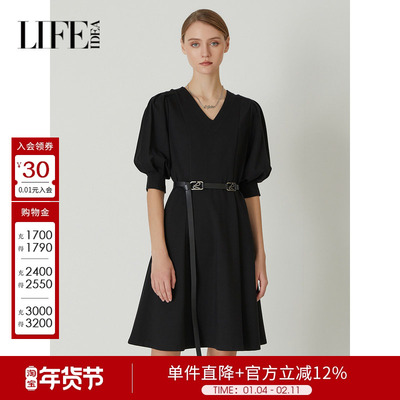 莱芙艾迪儿小黑裙气质V领连衣裙复古灯笼袖裙子小礼服1E1L94164