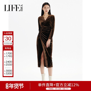 莱芙艾迪儿时尚复古精致女人味丝绒连衣裙女修身抽褶显瘦连衣裙