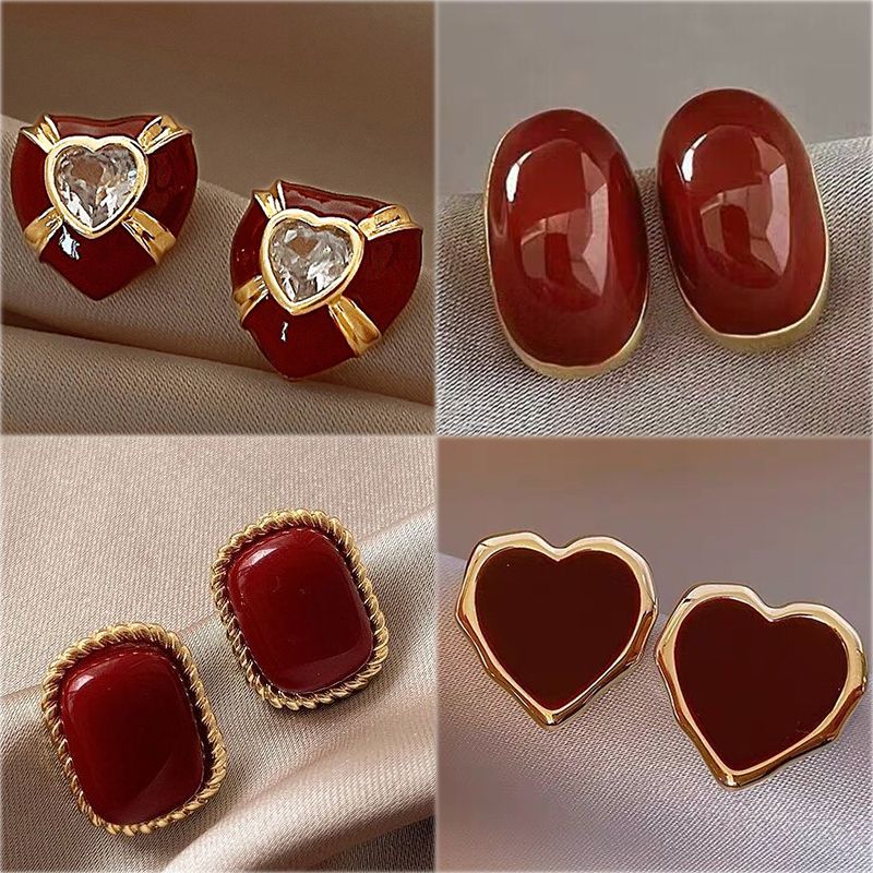 小众设计酒红复古港风耳钉女2023年新款潮气质百搭红色耳饰