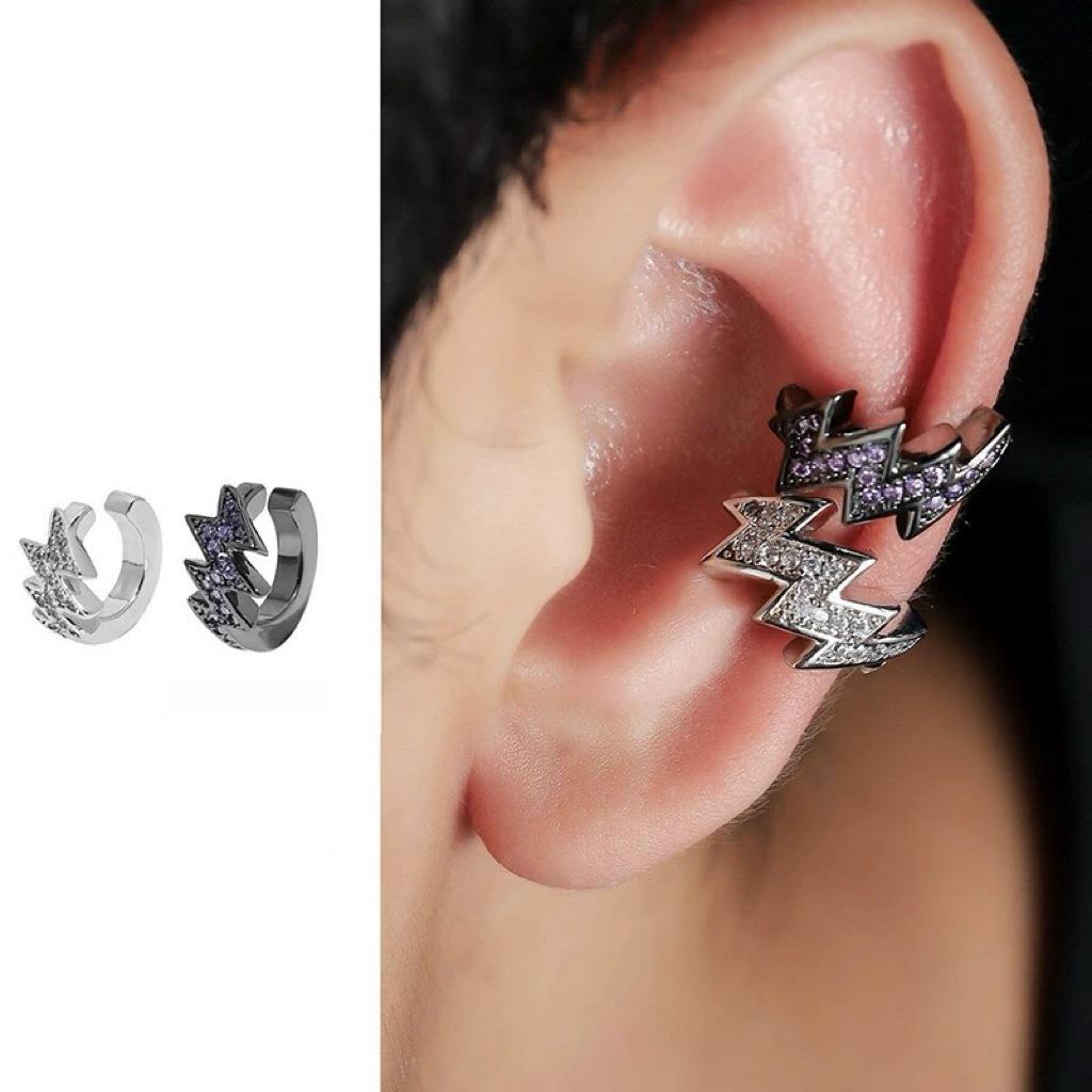 合金耳饰 镶紫闪电耳夹男潮不规则心电图耳环免孔个性简约冷淡风