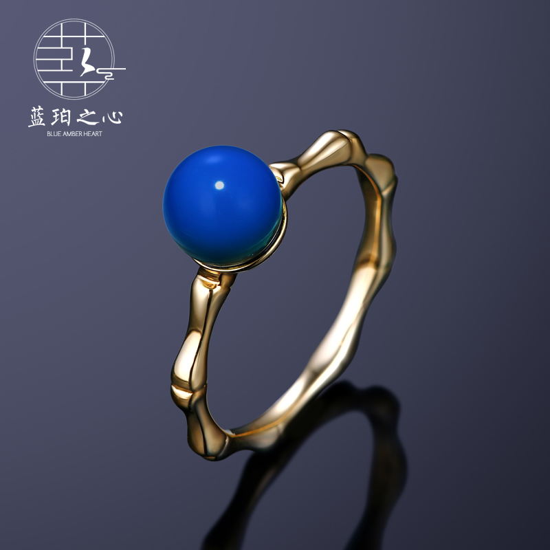 蓝珀之心 多米尼加天空蓝蓝珀戒指女18K金镶嵌戒指 可定制6mm