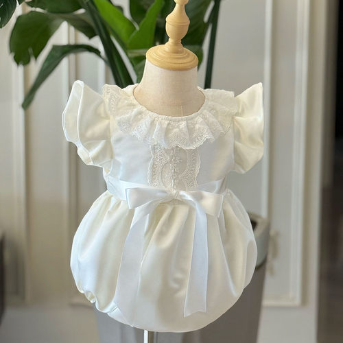 女宝宝周岁礼服儿童生日公主裙包屁服白色缎面婴儿抓周衣服新款春