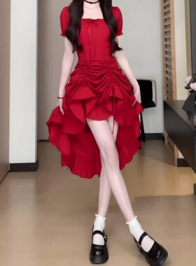 专柜纯欲风甜美短裙夏季收腰显瘦一裙多穿红色方领长款气质感连衣