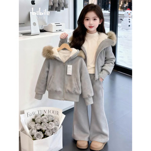 女童冬装套装加绒加厚2025新款秋冬季休闲外套阔腿裤两件套儿童装