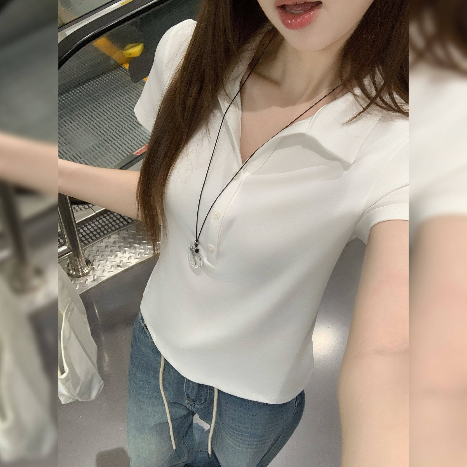 专柜韩系白色polo领纽扣正肩短袖T恤女2026夏季纯色简约休闲百搭
