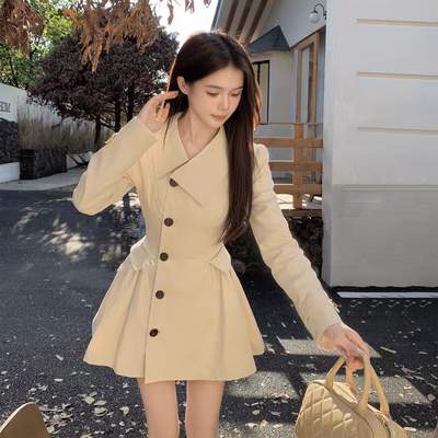 英伦风小个子翻领风衣外套女短款高级感减龄收腰单排扣大衣秋冬季