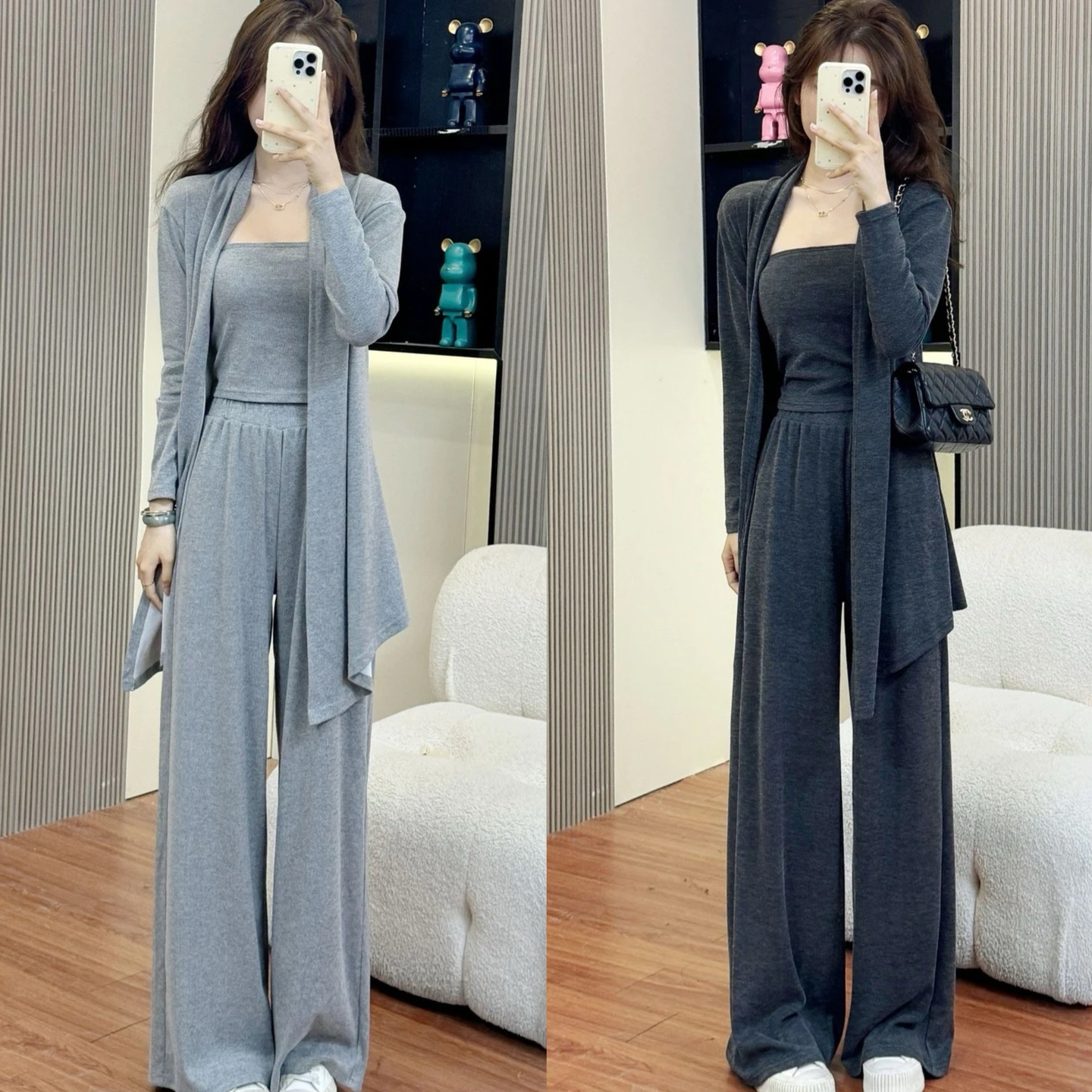 一整套秋冬穿搭女装减龄开衫抹胸阔腿裤三件套慵懒风运动休闲套装