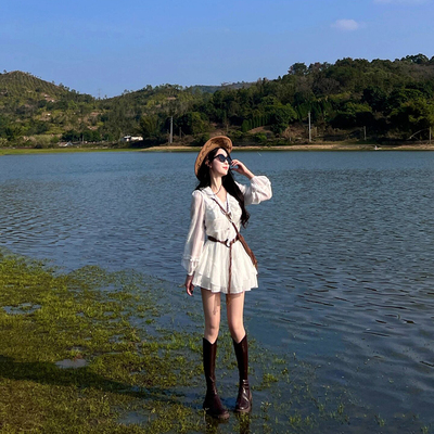 法式初恋白色内搭长袖连衣裙子女设计感收腰小个子仙女短裙春秋季