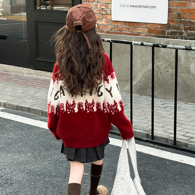 女大童本命年毛衣冬季2025新款儿童加厚水貂绒上衣女童红色针织衫