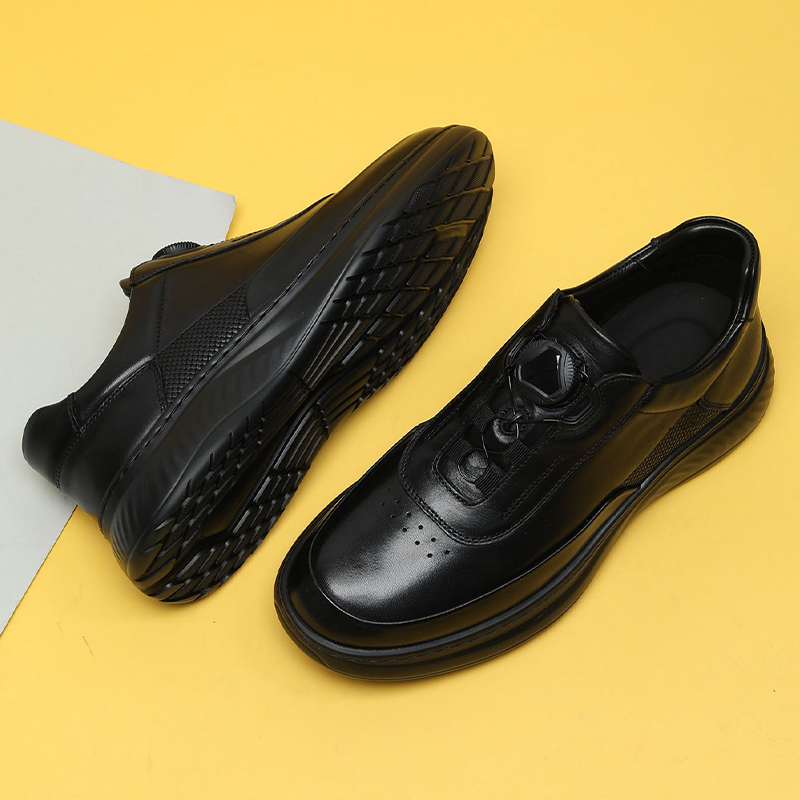 头层牛皮运动皮鞋男旋转扣免系带