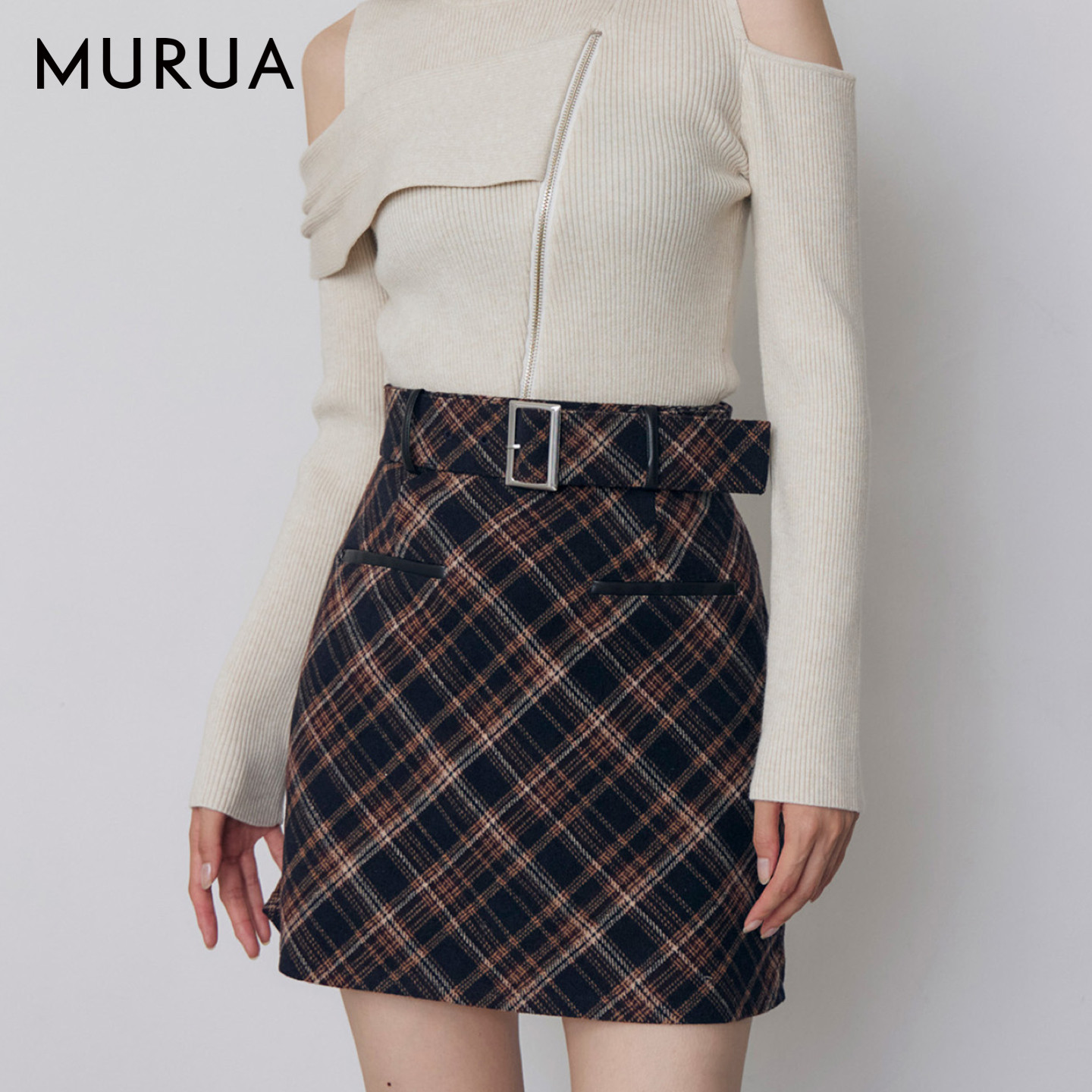 MURUA26冬季复古格纹高腰A字短裙女带内衬半身裙迷你裙
