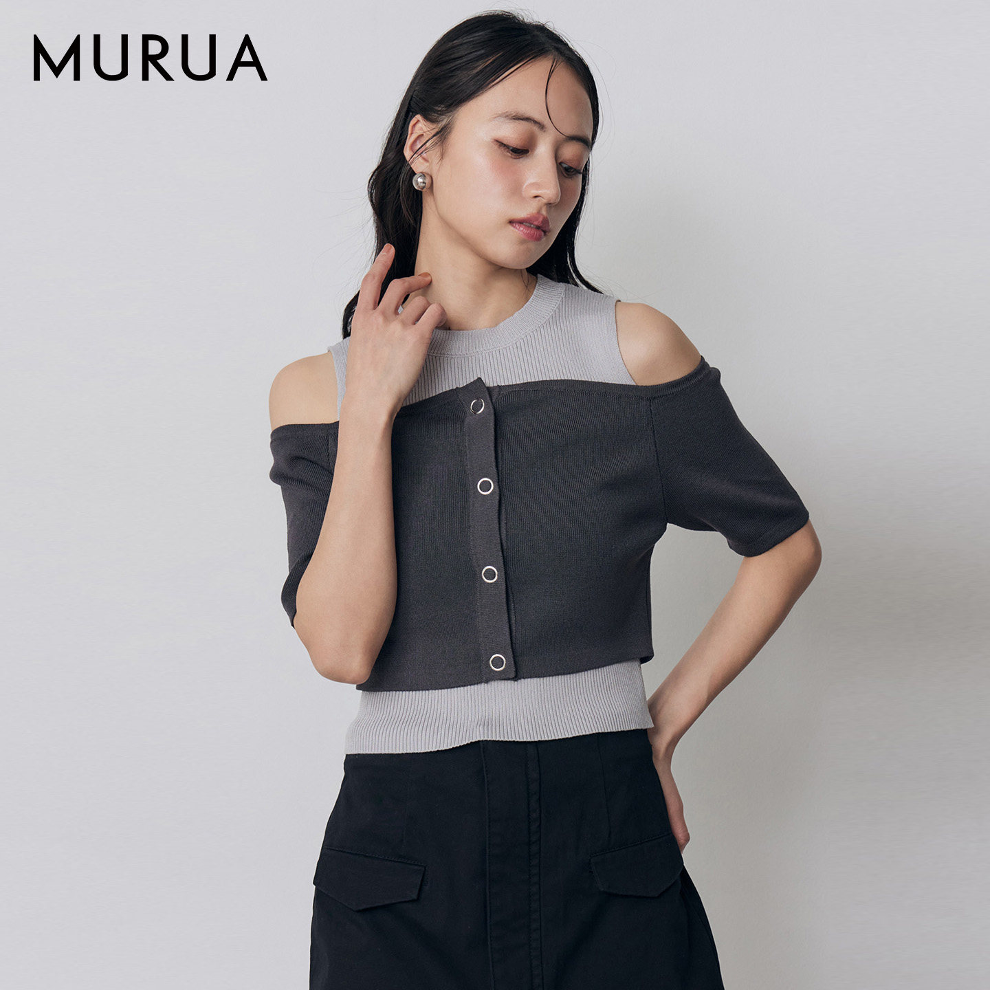 MURUA26春季新品露肩拼接假两件五分袖短袖针织衫女款0126326005