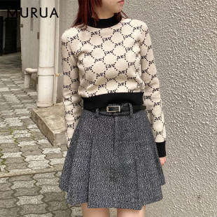 0125608050 复古粗花呢高腰腰带迷你百褶半身裙裤 MURUA25冬季 新品