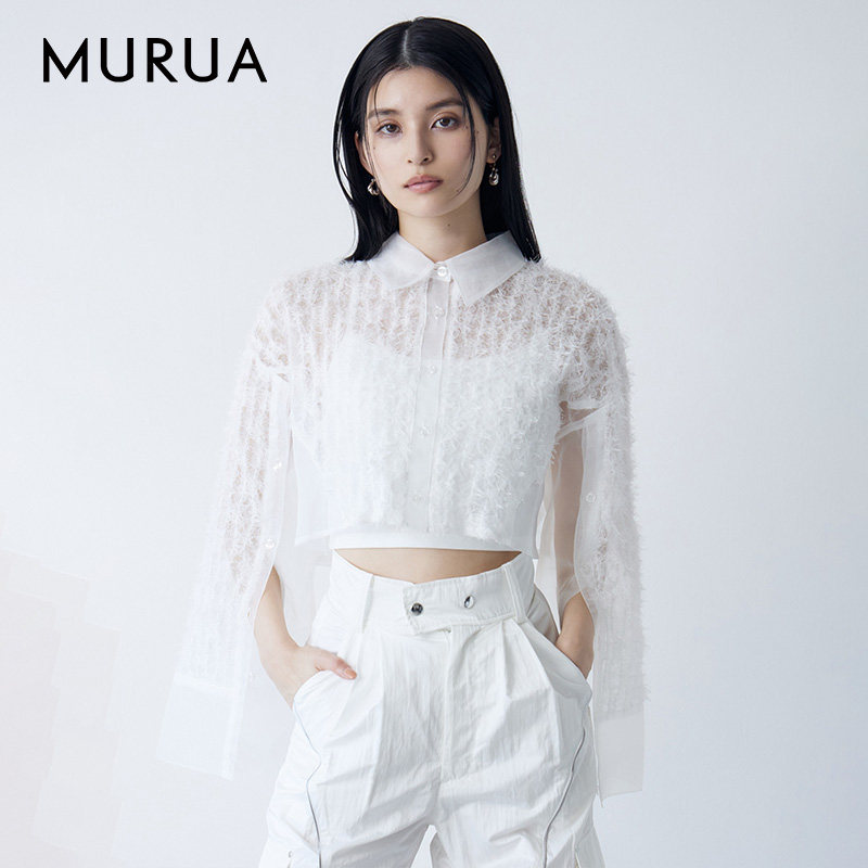 MURUA25春夏女半透网眼羽毛纱开袖两穿长袖外搭衬衫0125304001