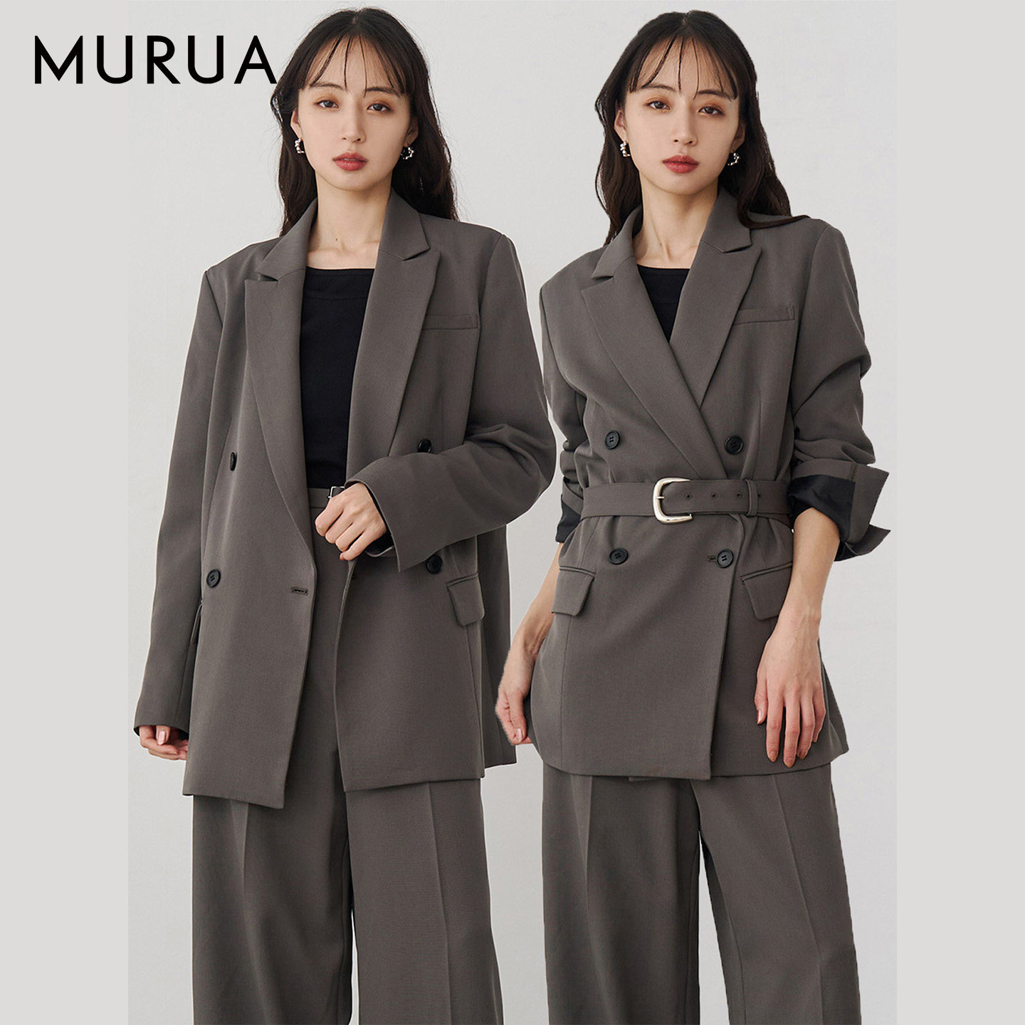 MURUA26春季新品通勤双排扣可卸肩垫腰带长款西装外套0126101051