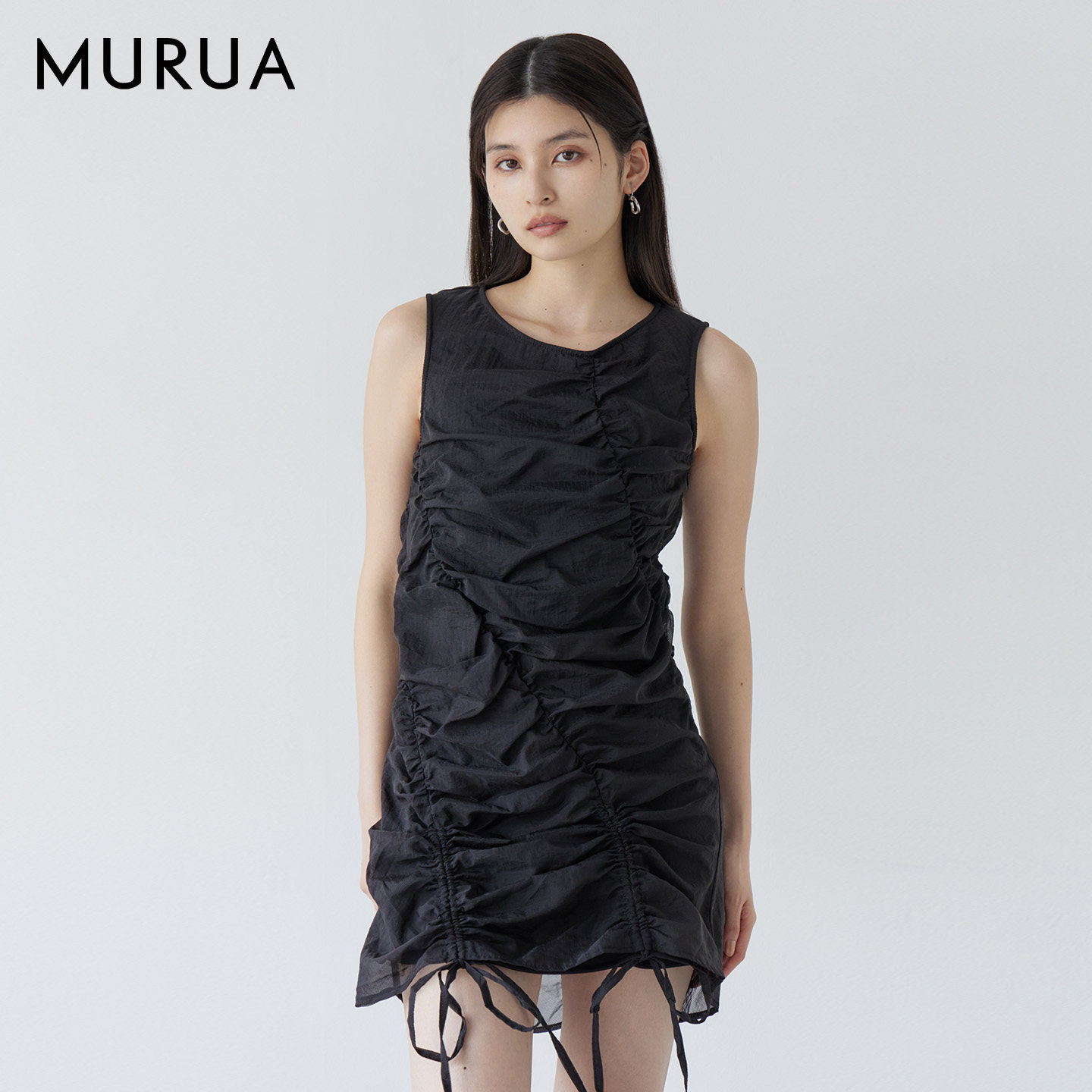 MURUA25夏季日系抽褶不对称无袖系带背心连衣短裙女0125303003