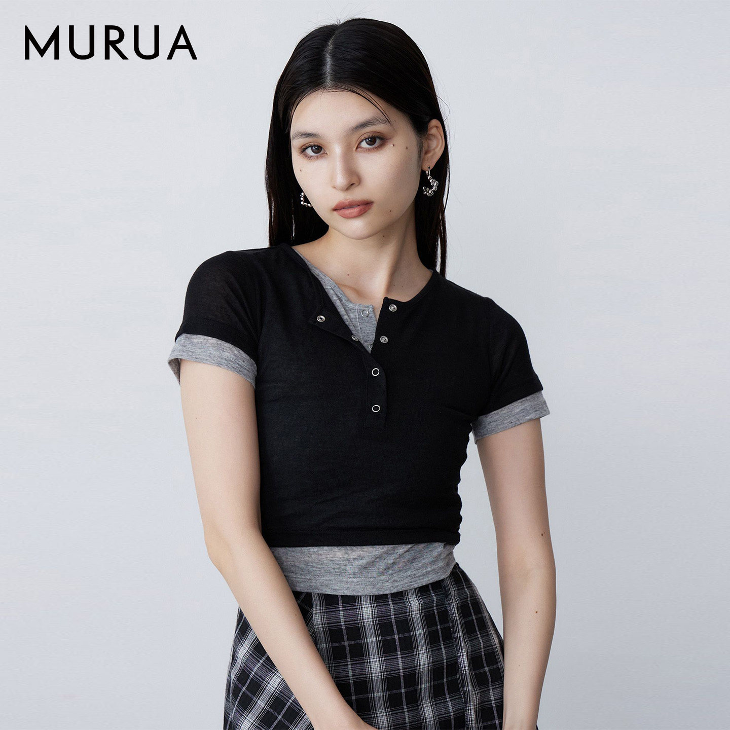 MURUA26夏季新品叠穿风亨利领假两件短袖T恤上衣女款012632701401