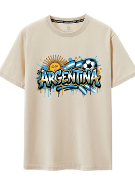 阿根廷国家队T恤2026世界杯梅西球迷短袖涂鸦潮流纯棉上衣男女款