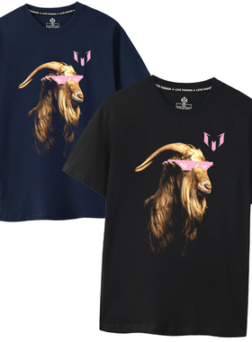 梅西山羊墨镜GOAT短袖T恤迈阿密国际纪念衫10号纯棉半袖黑色messi