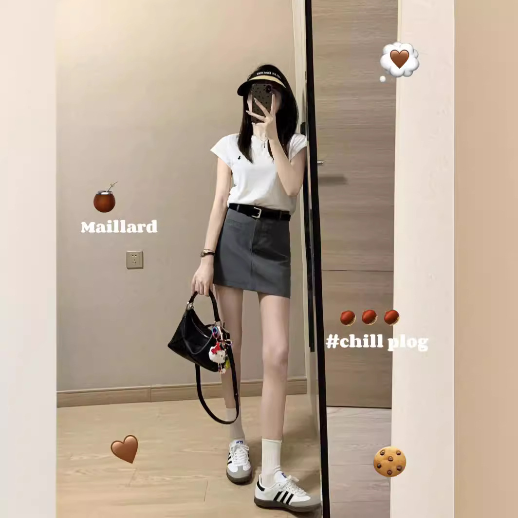 高品质灰色高腰西装短裙女夏季新款学院风大码胖mm显瘦a字包臀