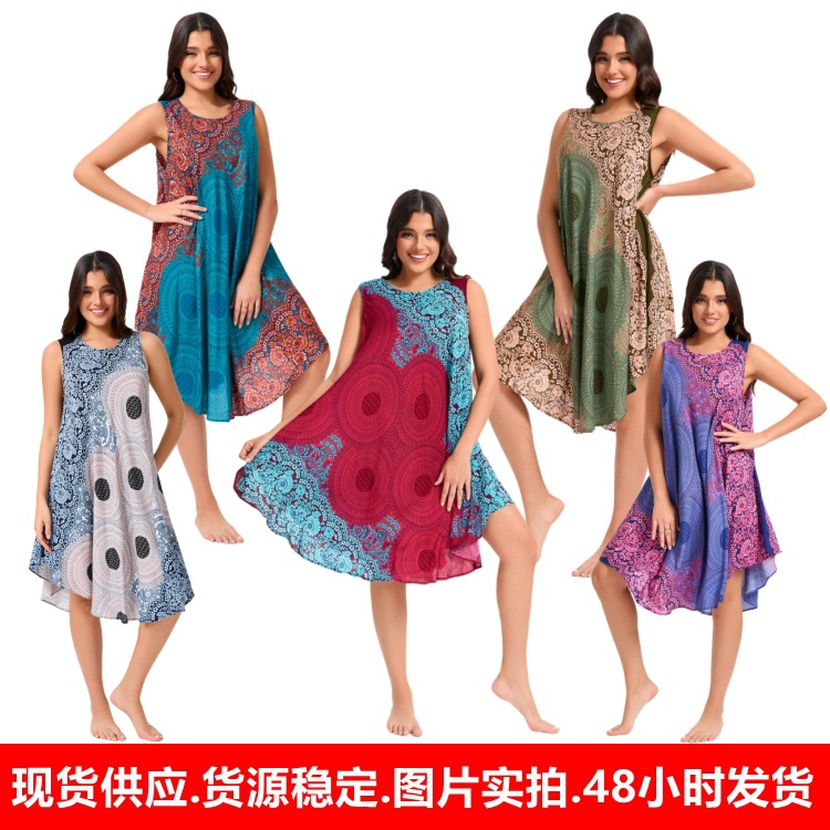 高品质B002跨境新款波西米亚宽松大码休闲棉绸欧美连衣裙沙滩