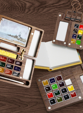 迷你木盒颜料盒史明克水彩分装8色固体水彩颜料温莎牛顿歌文小板画小史便携写生手账本旅行水彩国风美甲套装