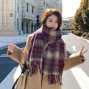 定制logo围巾女冬季长款仿羊绒复古格子披肩女韩版加厚围脖保暖