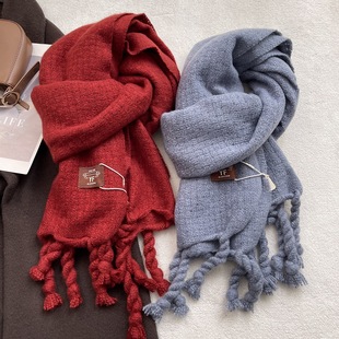 定制logo大流苏纯色红色围巾女冬季仿羊绒厚保暖学生披肩两用围脖