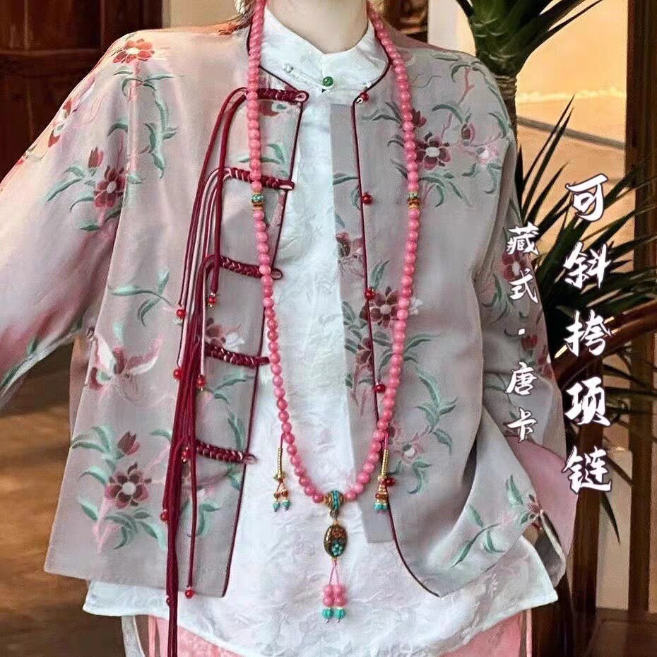 新中式斜挎链唐装配饰项链长款国风挂件民族风女串珠棉麻装饰旗袍