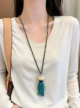 新中式国风串珠木珠棉麻复古民族风绿色流苏项链女气质百搭毛衣链