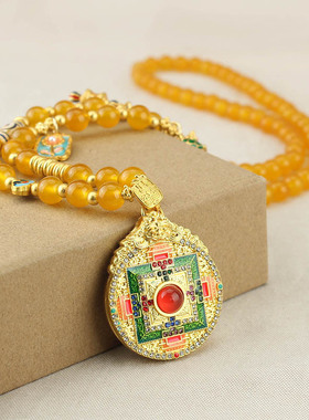 新中式复古珐琅彩圆盘串珠项链国风古风女毛衣链旗袍配饰挂件串珠
