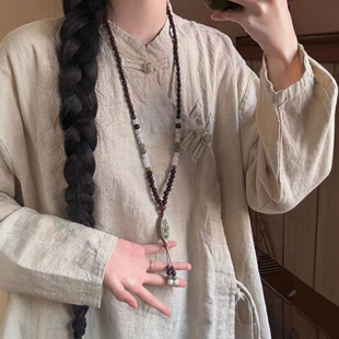 新中式国风项链鸡翅木民族风复古男女唐装佛珠长款棉麻高级感配饰