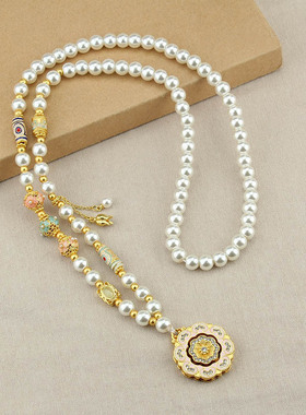 新中式国风串珠珍珠长款项链女吊坠马面裙旗袍汉服配饰毛衣链简约