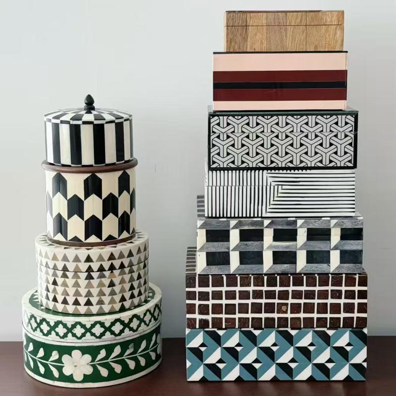 进口简约新中式芒果木镶嵌牛骨黄铜装饰收纳盒首饰盒相框摆件饰品