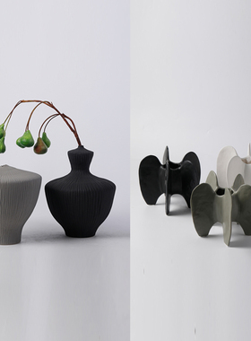 现代抽象黑白灰陶瓷小口花瓶摆件