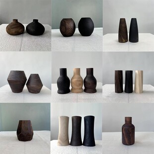 新中式复古怀旧实木碳化色黑色原木小花瓶摆件样板间酒店民宿装饰