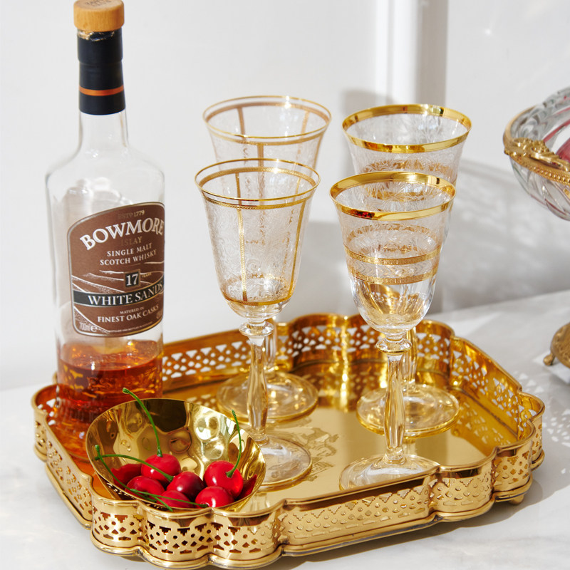 波兰进口24K描金水晶玻璃高档奢华高脚红酒杯香槟杯茶杯威士忌杯