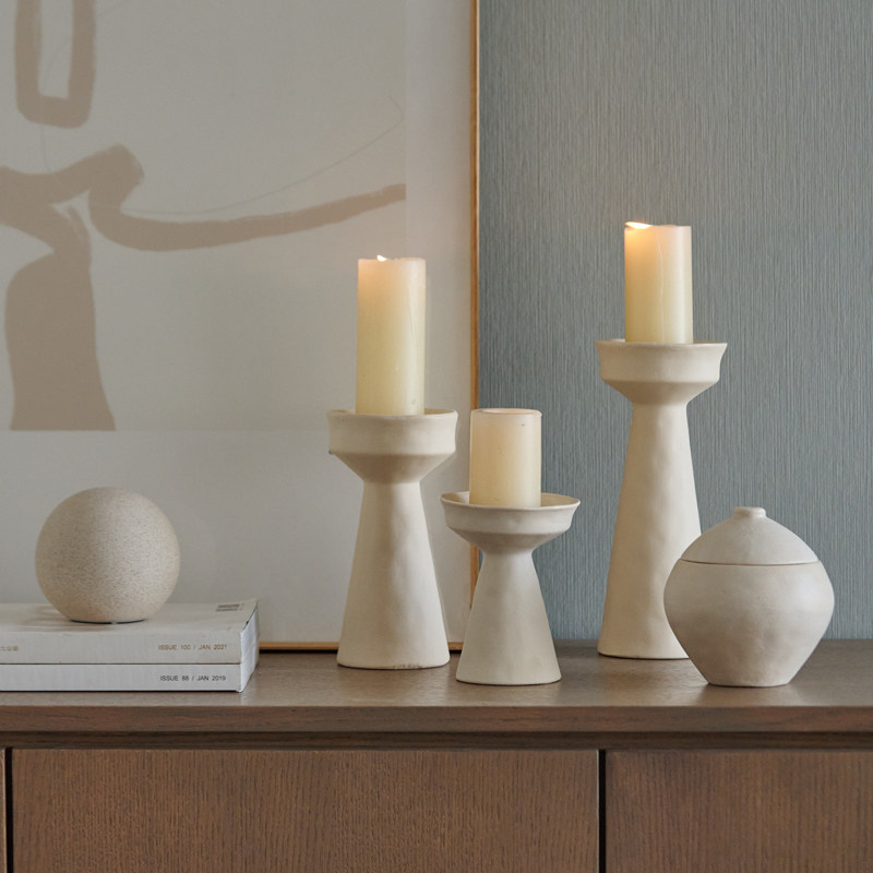 简约复古侘寂风米白色陶瓷蜡烛台摆件样板间酒店餐厅收纳罐装饰品