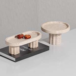 侘寂风天然黄洞石高脚果盘收纳托盘摆件样板间酒店茶几餐桌装饰品