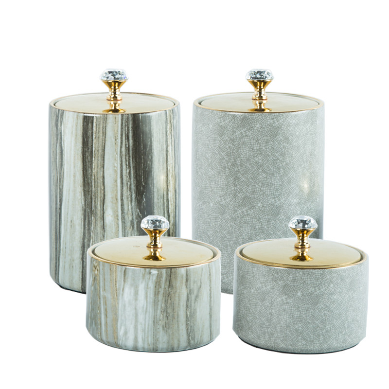 现代轻奢创意灰色大理石纹陶瓷储物罐装饰裂纹盖罐摆件家居工艺品