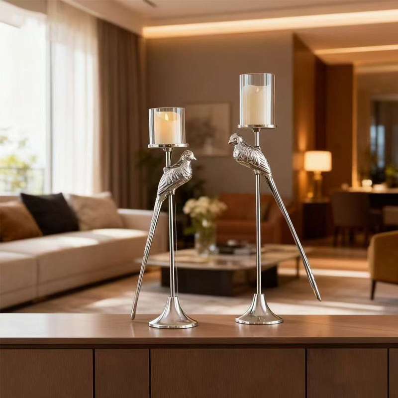 印度进口铝制银色小鸟造型玻璃烛台摆件欧式样板间酒店蜡烛台装饰