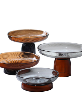 现代轻奢玻璃拼色高脚水果盘摆件