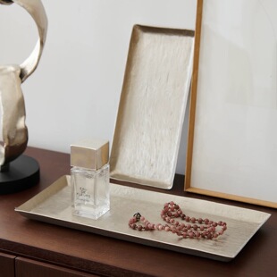 印度进口简约欧式铝制银色锤纹矩形托盘摆件客厅茶几收纳盘装饰品