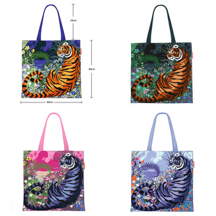 韩版新款丛林老虎学生拎书袋单肩包大容量时尚帆布包包手提布袋子