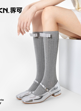 JKN蝴蝶结小腿袜女春秋芭蕾风堆堆袜甜美无骨竖条纹灰色长筒袜子